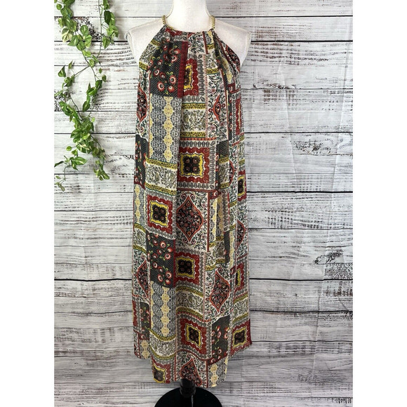 Tahari Dress size Small Orange Blue Gold Floral Paisley Boho Sheer Trapeze Boho - Picture 1 of 16